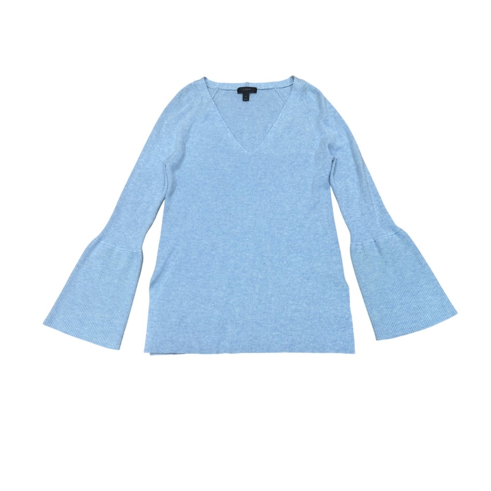 J.Crew Light Blue Ribbed V-Neck Sweater Long Bell Sleeve Wool Blend Small S